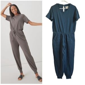 Pact Organic Cotton Relaxed Slub House Short Sleeve Jumpsuit Dark Teal XS